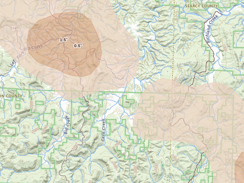 Radar-estimated hail-size map of the storm over Mount Judea, AR on May 30, 2026
