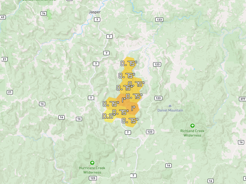 Hail map of Mount Judea, AR on Jul 7, 2026, hail up to 1"