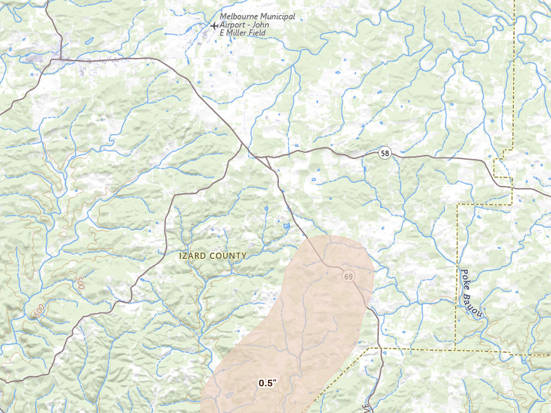 Radar-estimated hail-size map of the storm over Mount Pleasant, AR on Mar 7, 2026