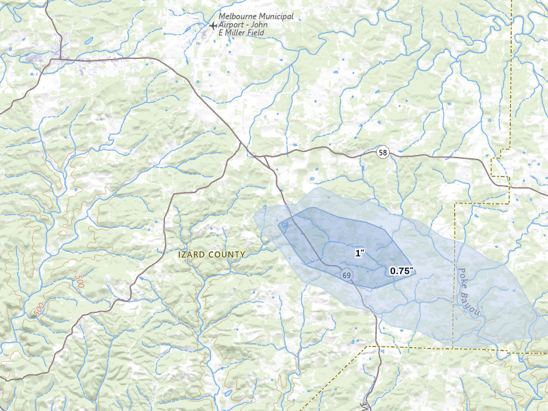 NEXRAD radar-signature map of the hail storm over Mount Pleasant, AR on Mar 7, 2026