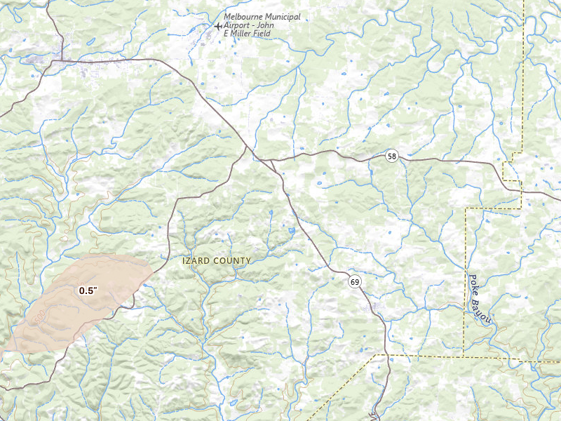 Radar-estimated hail-size map of the storm over Mount Pleasant, AR on Apr 28, 2026