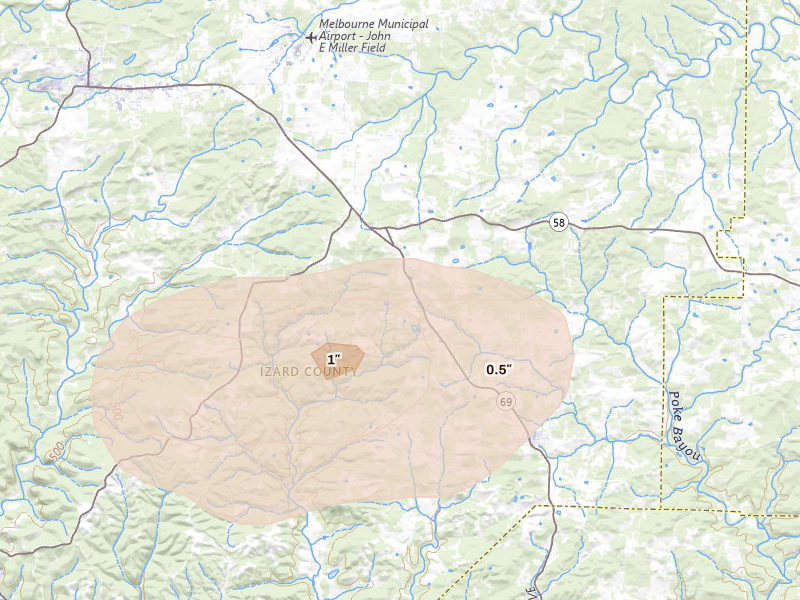 Radar-estimated hail-size map of the storm over Mount Pleasant, AR on Jun 1, 2026