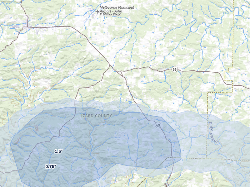 NEXRAD radar-signature map of the hail storm over Mount Pleasant, AR on Jun 1, 2026