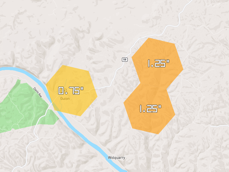 Hail map of Mount Pleasant, AR on Jun 1, 2026, hail up to 1.25"