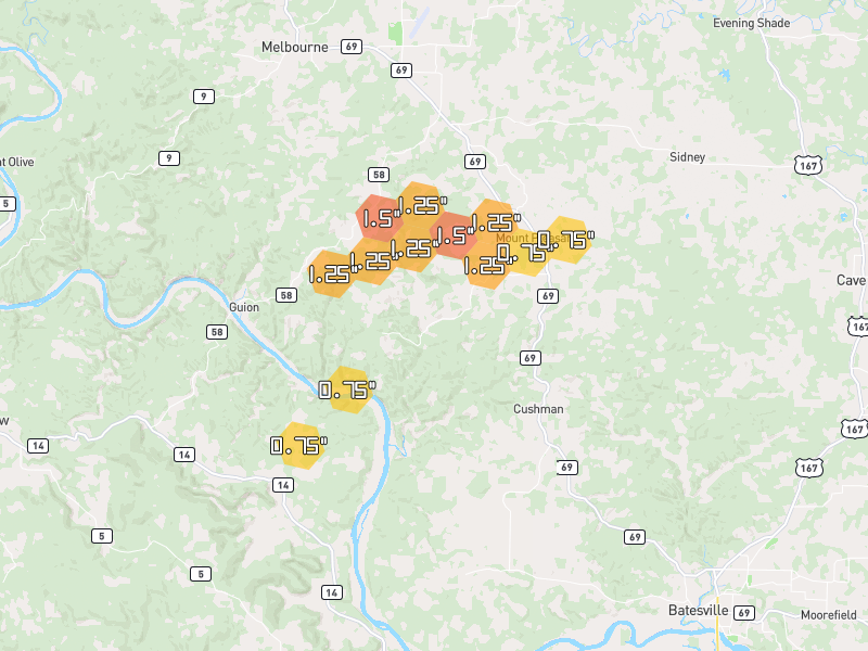 Hail map of Mount Pleasant, AR on Jun 2, 2026, hail up to 1.5"