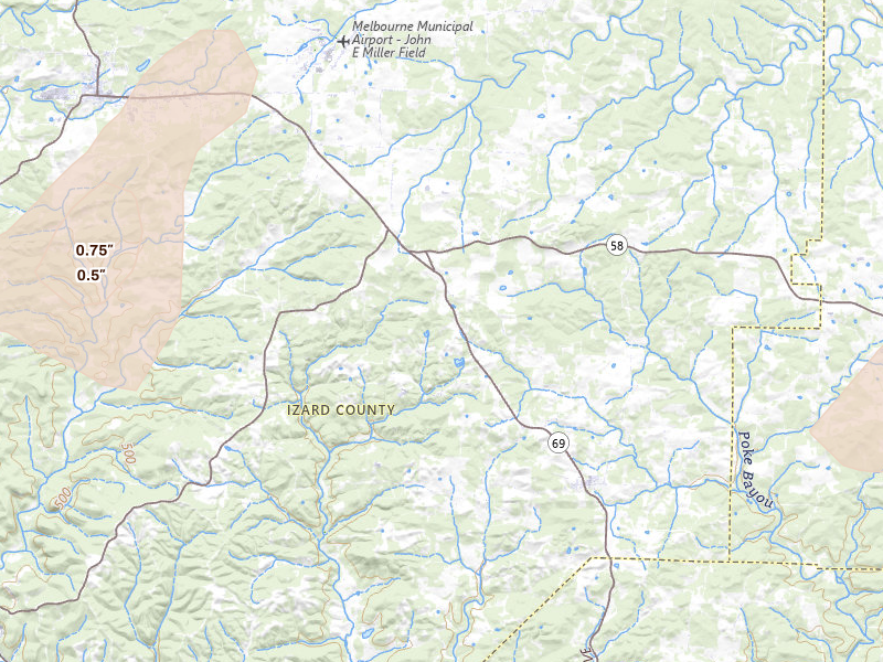 Radar-estimated hail-size map of the storm over Mount Pleasant, AR on Jul 4, 2026