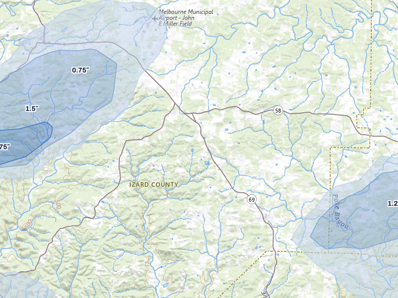 NEXRAD radar-signature map of the hail over Mount Pleasant, AR
