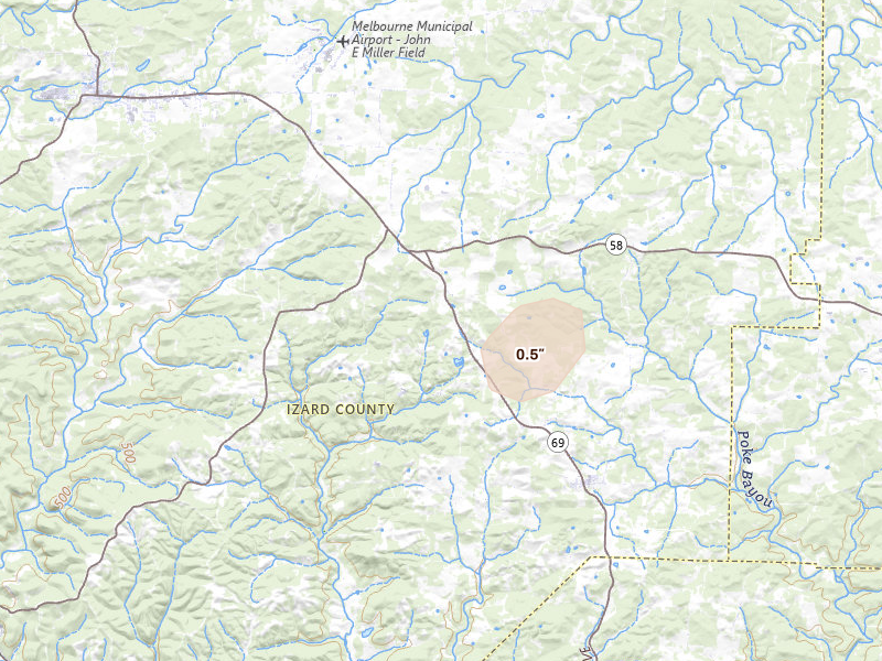 Radar-estimated hail-size map of the storm over Mount Pleasant, AR on Jul 7, 2026