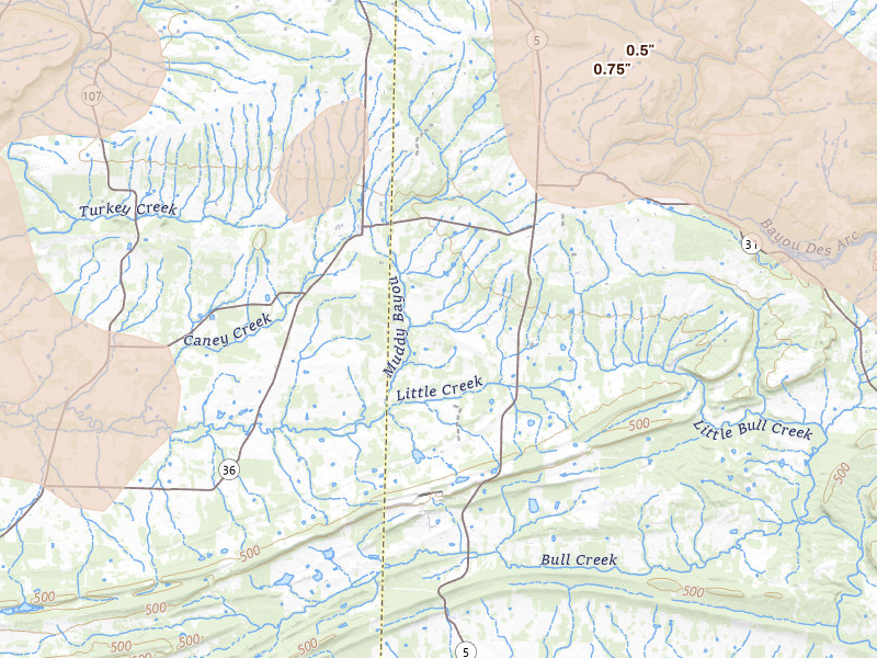 Radar-estimated hail-size map of the storm over Mount Vernon, AR on Aug 17, 2026