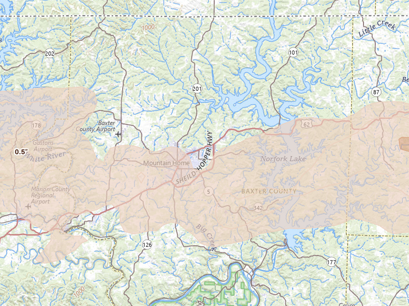 Radar-estimated hail-size map of the storm over Mountain Home, AR on Mar 4, 2026