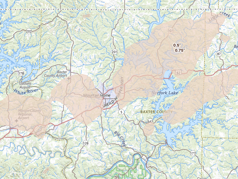 Radar-estimated hail-size map of the storm over Mountain Home, AR on Mar 15, 2026