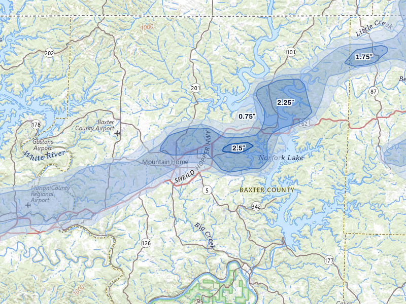 NEXRAD radar-signature map of the hail over Mountain Home, AR