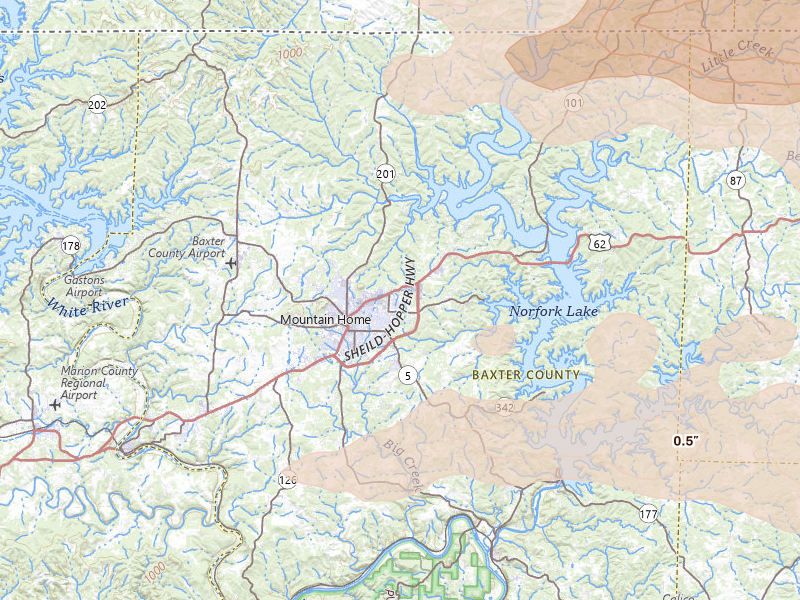 Radar-estimated hail-size map of the storm over Mountain Home, AR on Apr 27, 2026