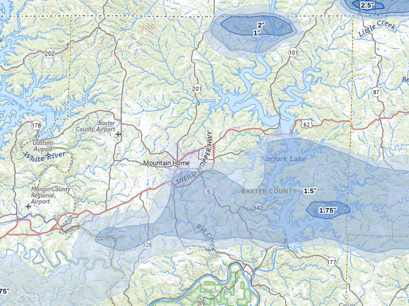 NEXRAD radar-signature map of the hail over Mountain Home, AR