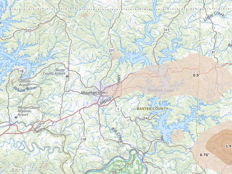 Radar-estimated hail-size map of the storm over Mountain Home, AR