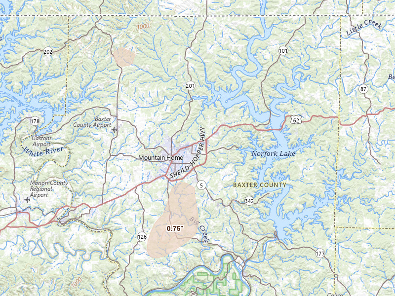 Radar-estimated hail-size map of the storm over Mountain Home, AR on Jun 25, 2026