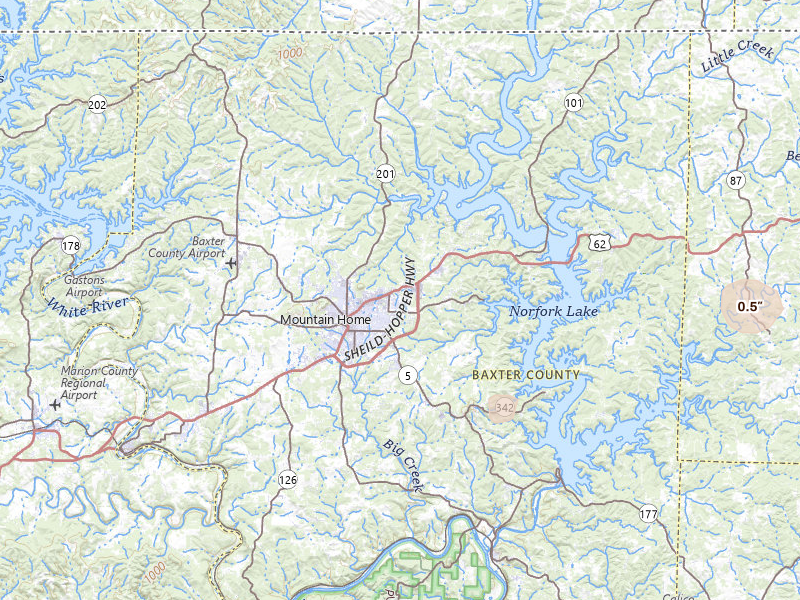Radar-estimated hail-size map of the storm over Mountain Home, AR on Jul 7, 2026