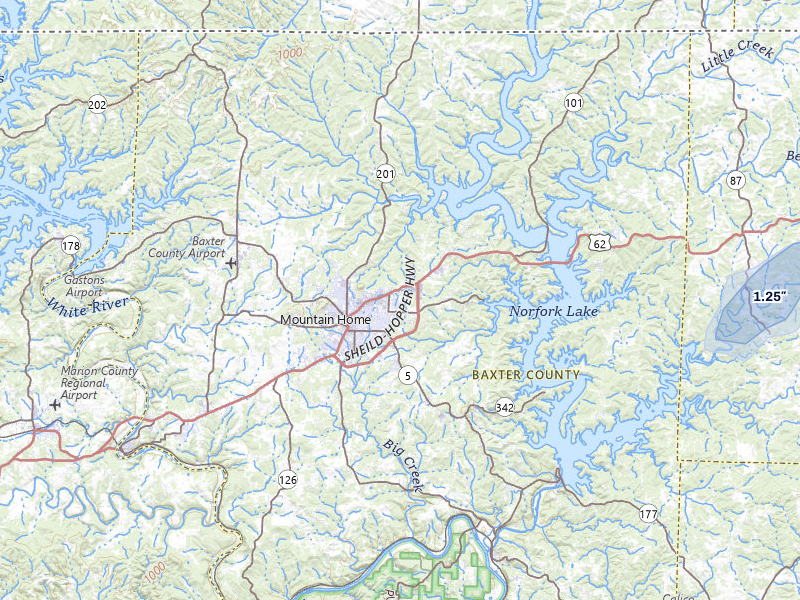 NEXRAD radar-signature map of the hail storm over Mountain Home, AR on Jul 7, 2026