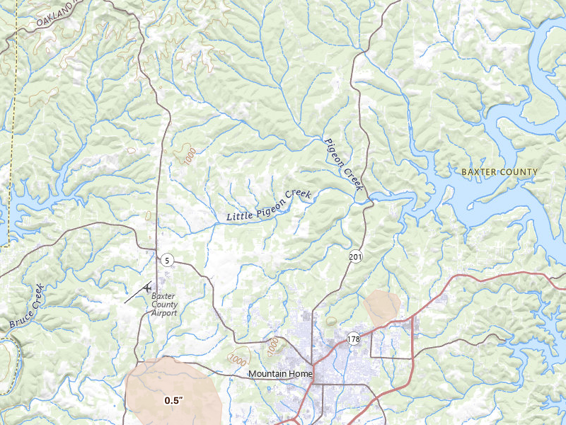 Radar-estimated hail-size map of the storm over Mountain Home, AR on Aug 7, 2026