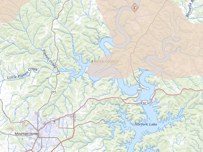 Radar-estimated hail-size map of the storm over Mountain Home, AR on Aug 22, 2026