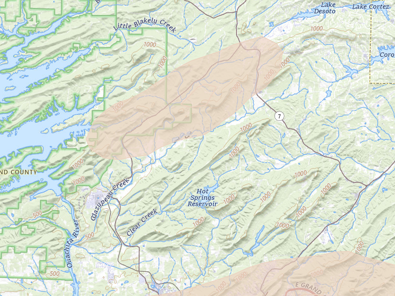 Radar-estimated hail-size map of the storm over Mountain Pine, AR on May 5, 2026