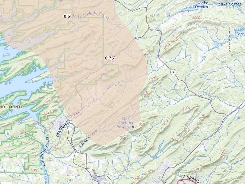 Radar-estimated hail-size map of the storm over Mountain Pine, AR on Jun 1, 2026