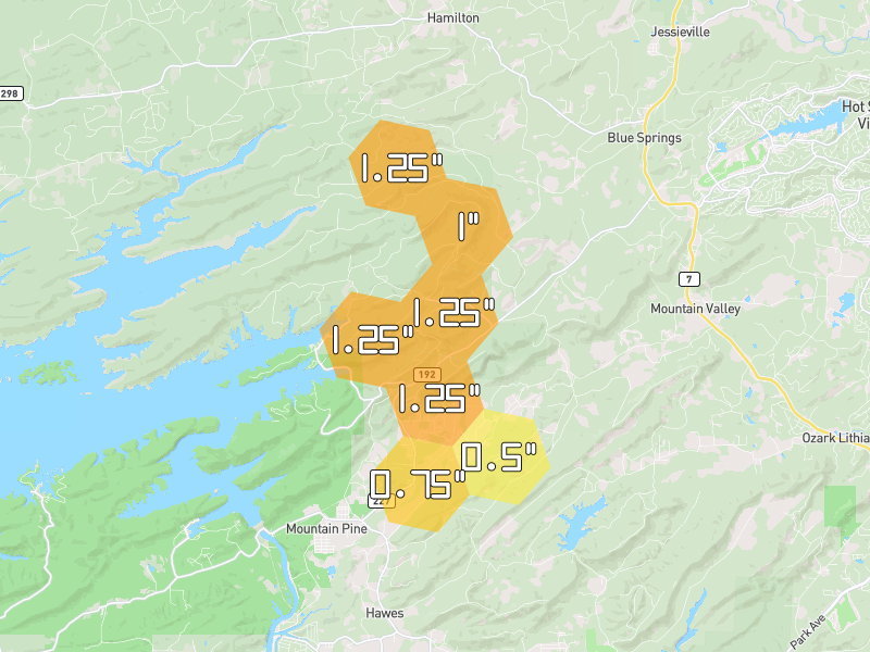 Hail map of Mountain Pine, AR on Jun 2, 2026, hail up to 1.25"
