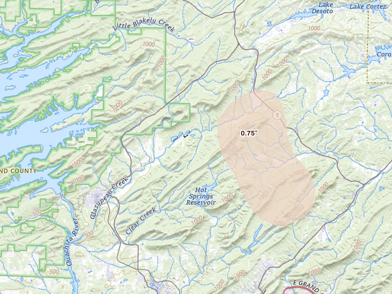 Radar-estimated hail-size map of the storm over Mountain Pine, AR on Aug 7, 2026