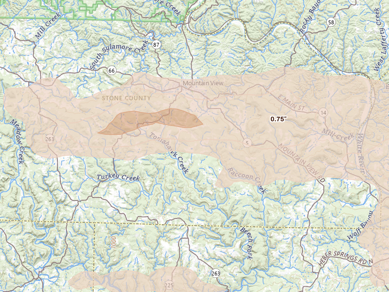 Radar-estimated hail-size map of the storm over Mountain View, AR on Apr 27, 2026