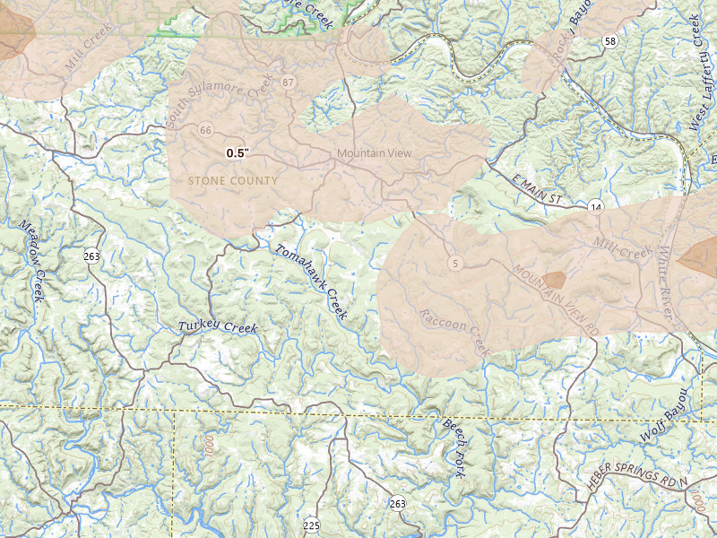 Radar-estimated hail-size map of the storm over Mountain View, AR on Apr 28, 2026