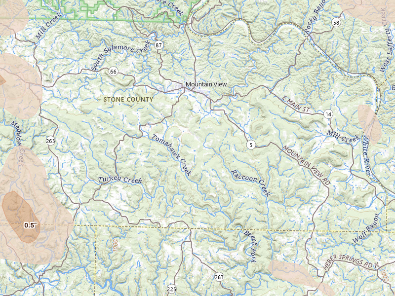 Radar-estimated hail-size map of the storm over Mountain View, AR on Jun 1, 2026