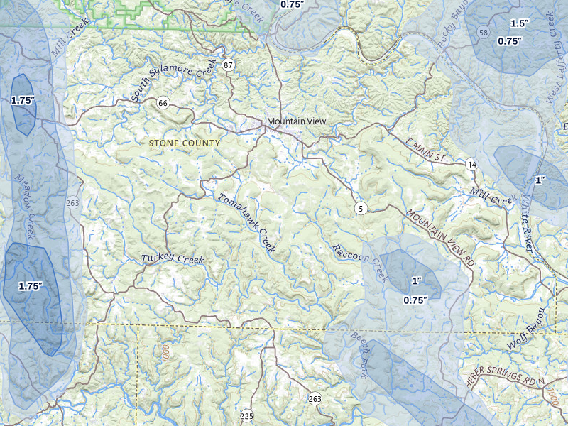 NEXRAD radar-signature map of the hail storm over Mountain View, AR on Jun 1, 2026
