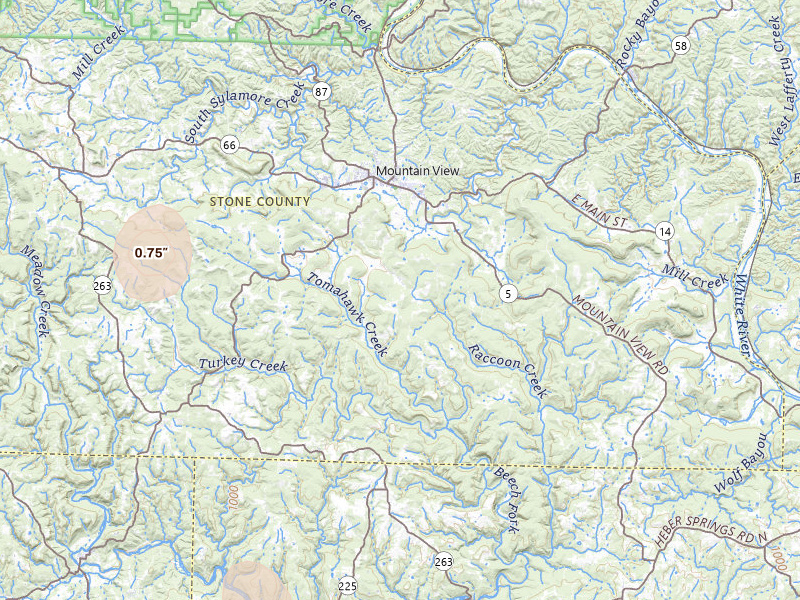 Radar-estimated hail-size map of the storm over Mountain View, AR on Jul 6, 2026
