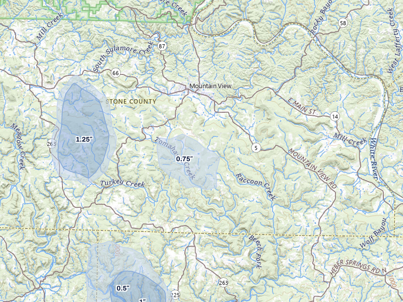 NEXRAD radar-signature map of the hail storm over Mountain View, AR on Jul 6, 2026