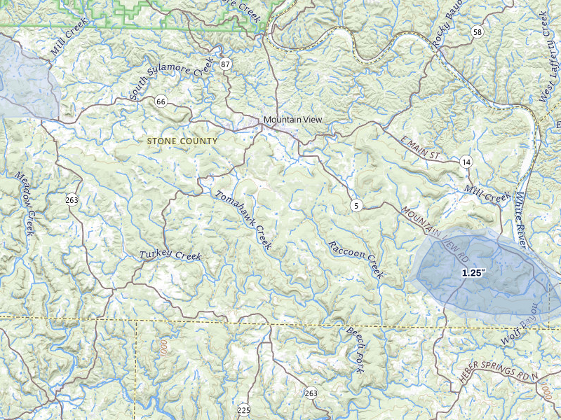 NEXRAD radar-signature map of the hail storm over Mountain View, AR on Jul 11, 2026