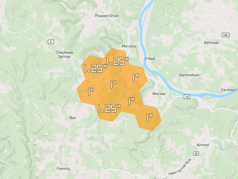 Hail map of Mountain View, AR on Jul 11, 2026, hail up to 1.25"