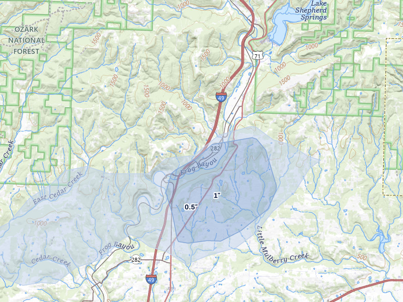 NEXRAD radar-signature map of the hail over Mountainburg, AR