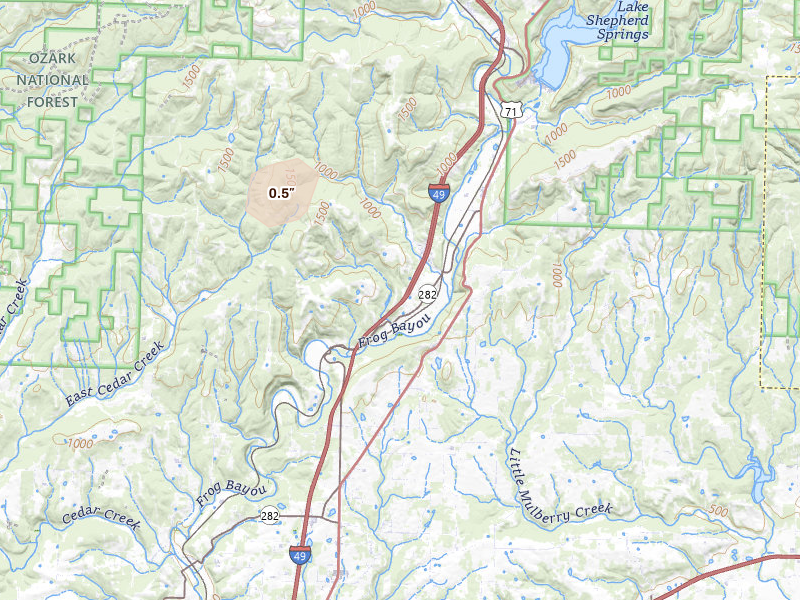 Radar-estimated hail-size map of the storm over Mountainburg, AR on May 19, 2026