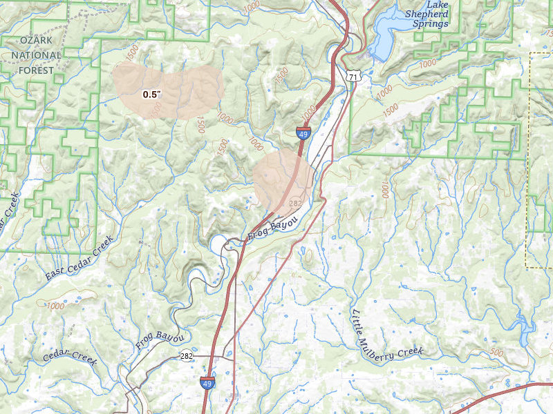 Radar-estimated hail-size map of the storm over Mountainburg, AR on Jun 2, 2026