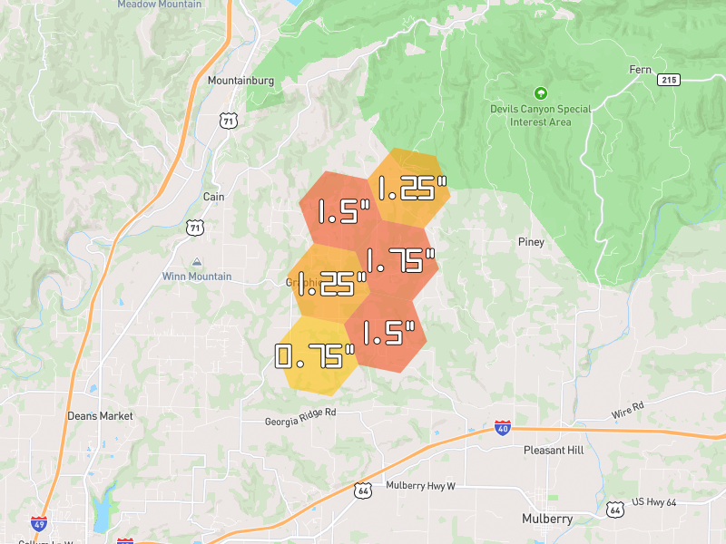 Hail map of Mountainburg, AR on Jul 6, 2026, hail up to 1.75"