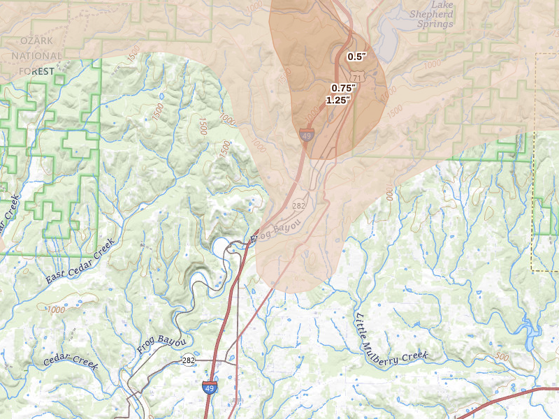 Radar-estimated hail-size map of the storm over Mountainburg, AR on Aug 17, 2026