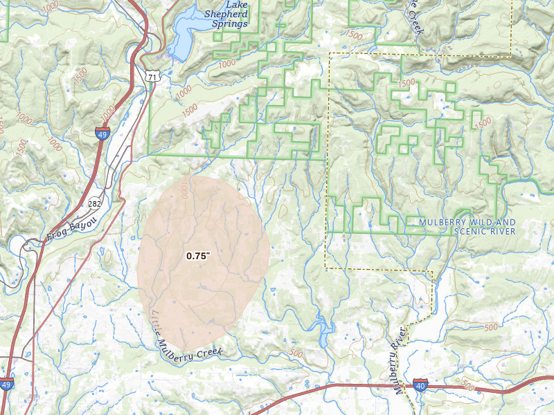 Radar-estimated hail-size map of the storm over Mulberry, AR on Jul 6, 2026