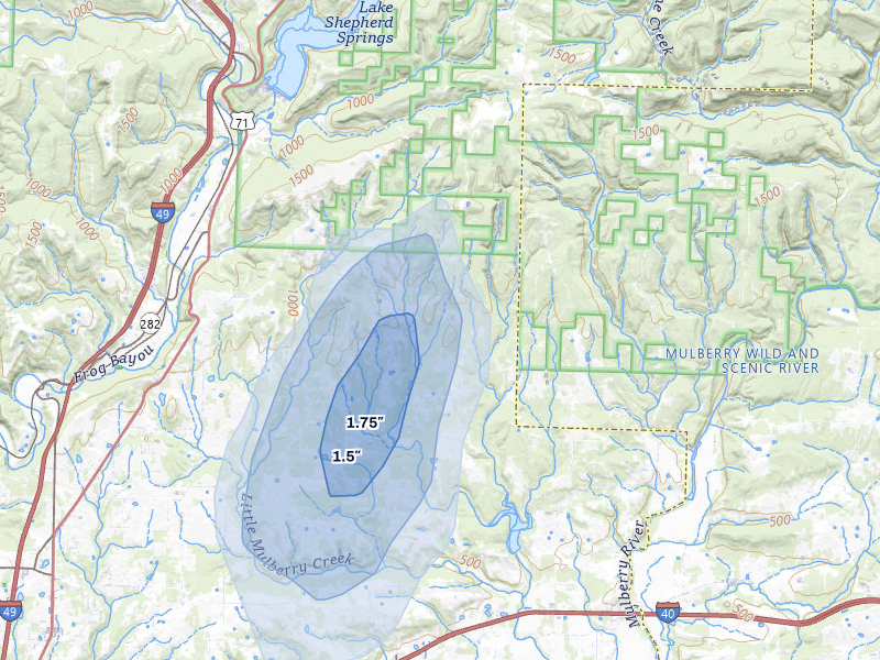 NEXRAD radar-signature map of the hail storm over Mulberry, AR on Jul 6, 2026