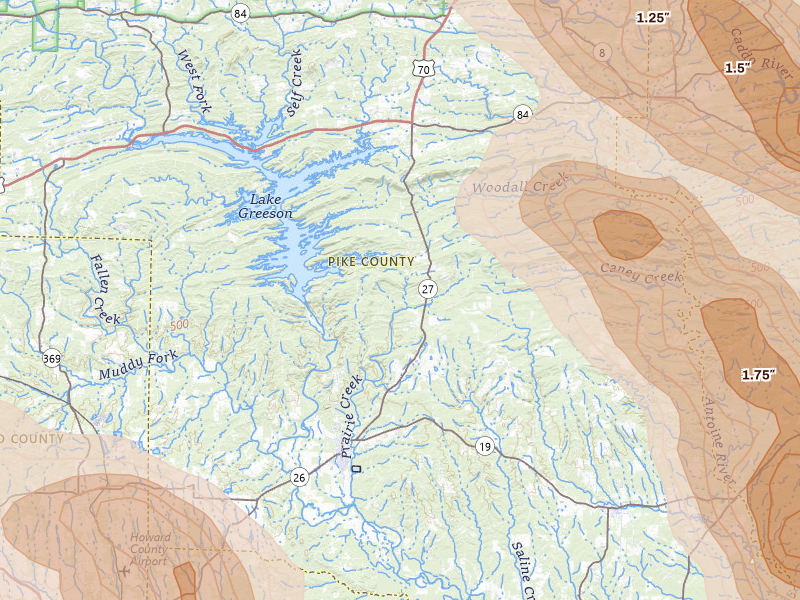 Radar-estimated hail-size map of the storm over Murfreesboro, AR on Apr 25, 2026
