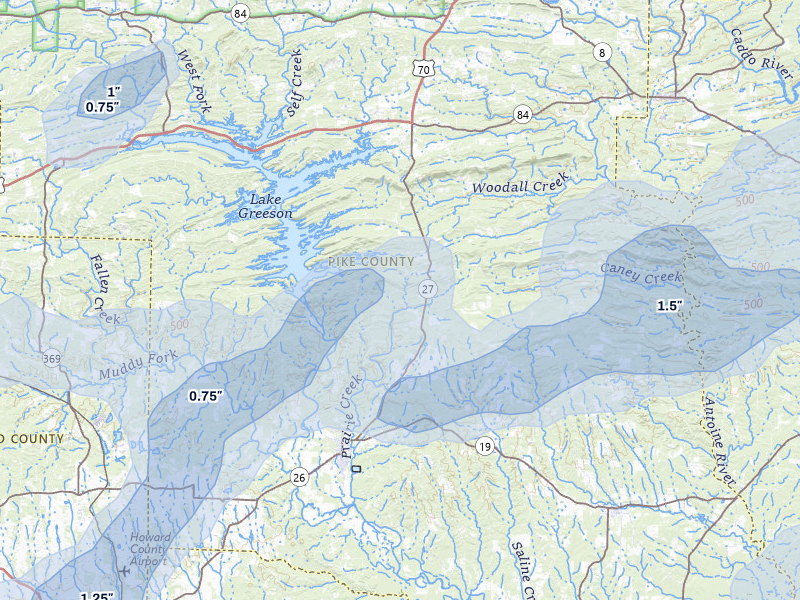 NEXRAD radar-signature map of the hail storm over Murfreesboro, AR on Apr 28, 2026