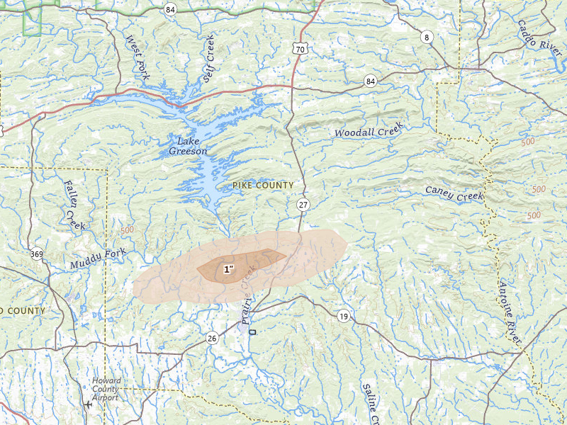 Radar-estimated hail-size map of the storm over Murfreesboro, AR on Apr 29, 2026
