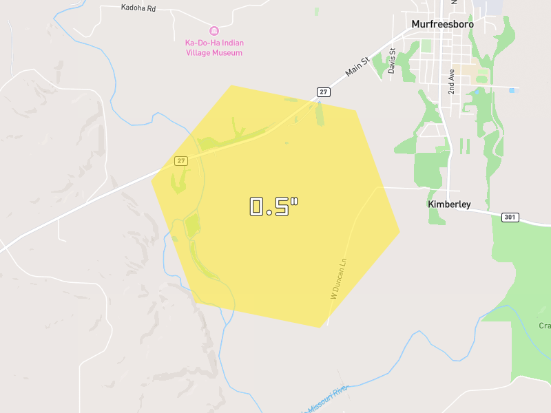 Hail map of Murfreesboro, AR on Jun 2, 2026, hail up to 0.5"