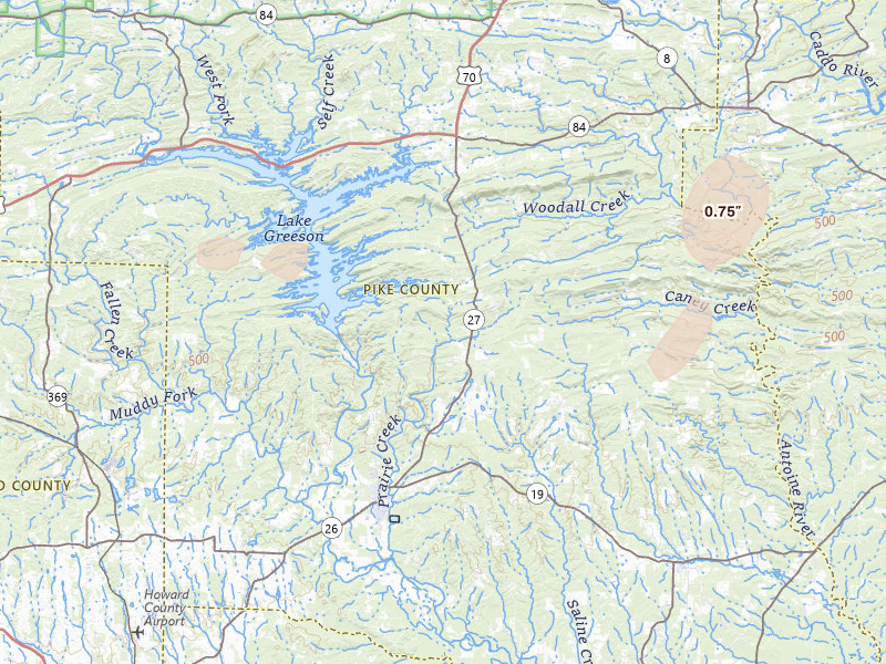 Radar-estimated hail-size map of the storm over Murfreesboro, AR on Jul 4, 2026