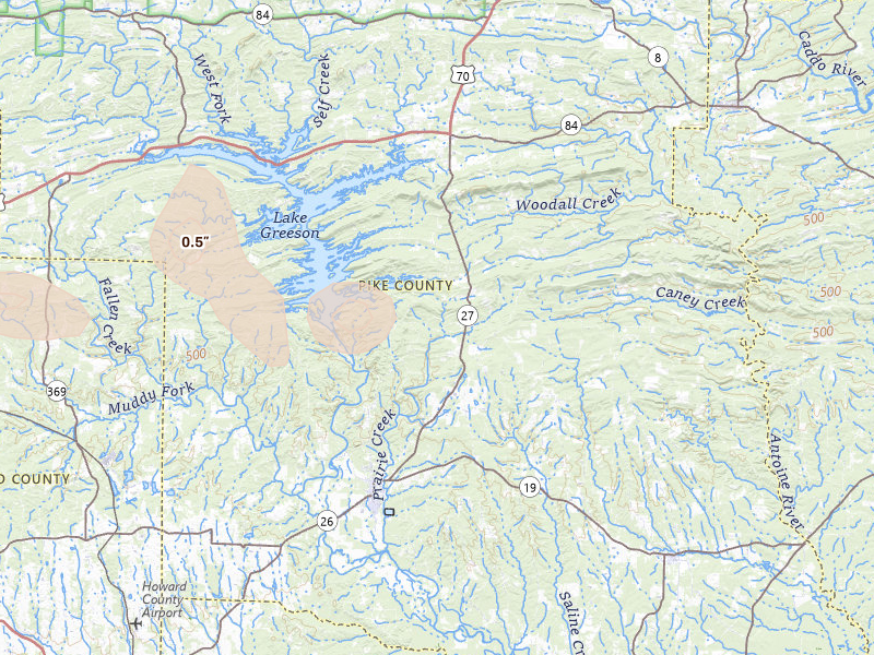 Radar-estimated hail-size map of the storm over Murfreesboro, AR on Jul 6, 2026