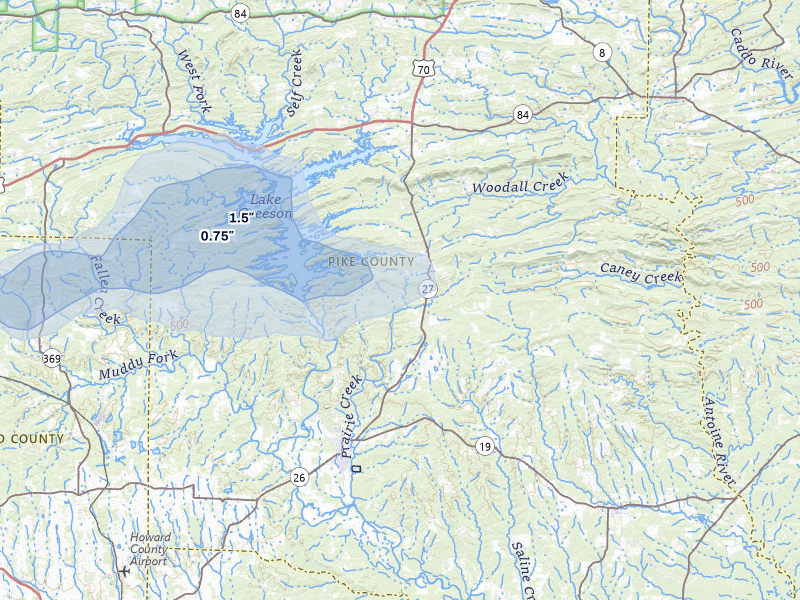 NEXRAD radar-signature map of the hail storm over Murfreesboro, AR on Jul 6, 2026